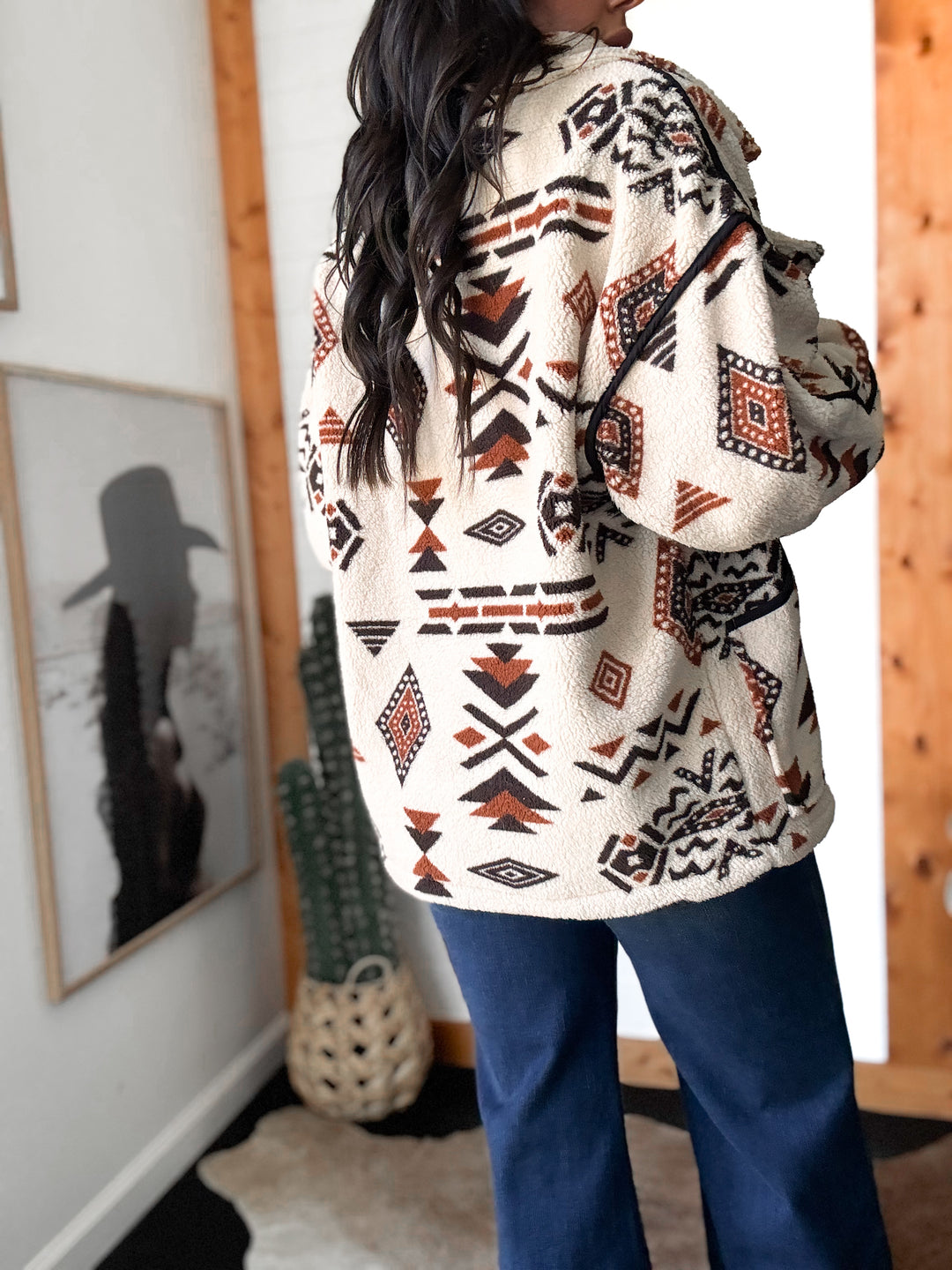 Geo-print Sherpa Fleece Zip-up - Cream