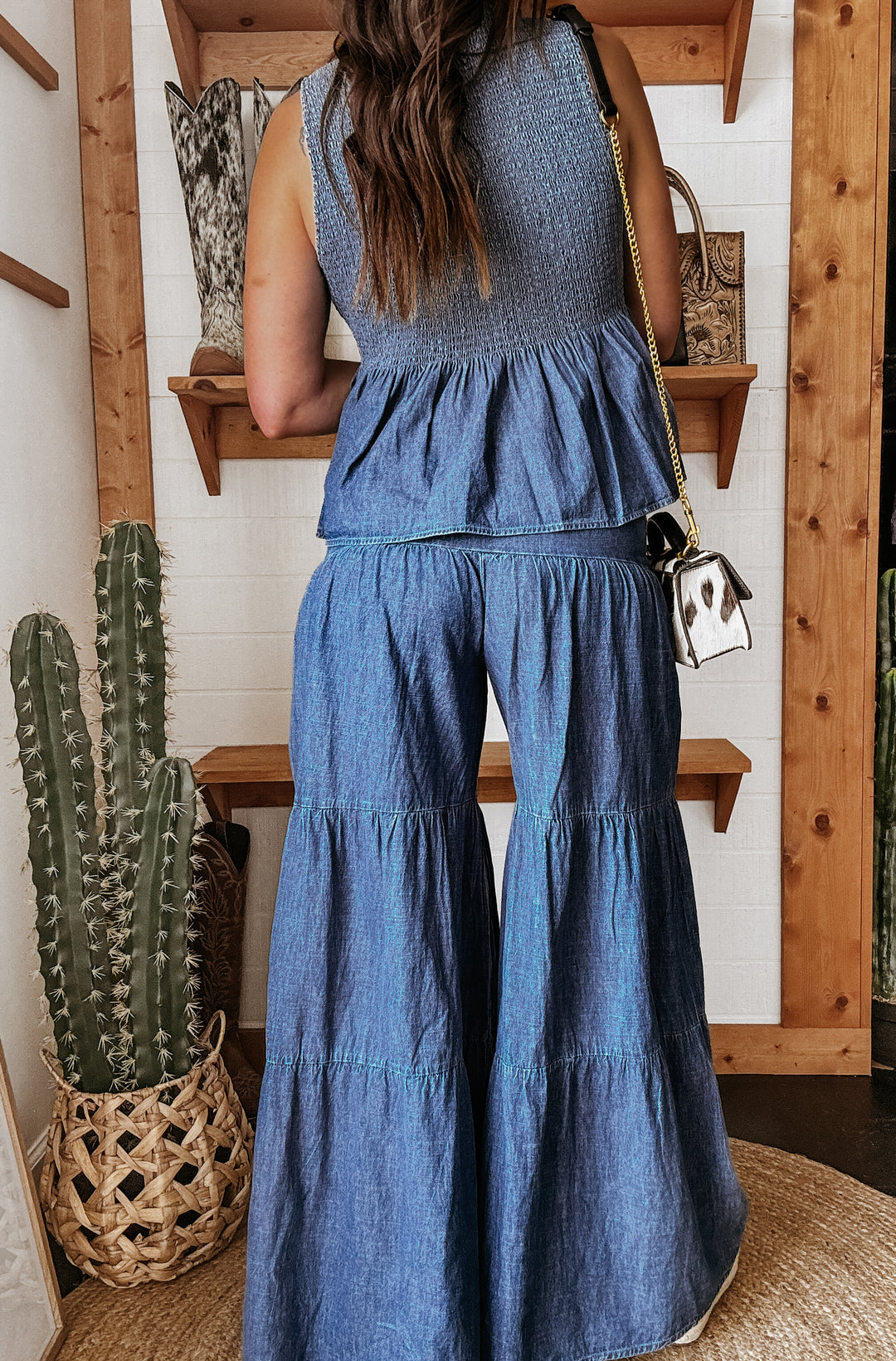 Denim Two-Piece Smocked Tie Top & Tiered Pants Set