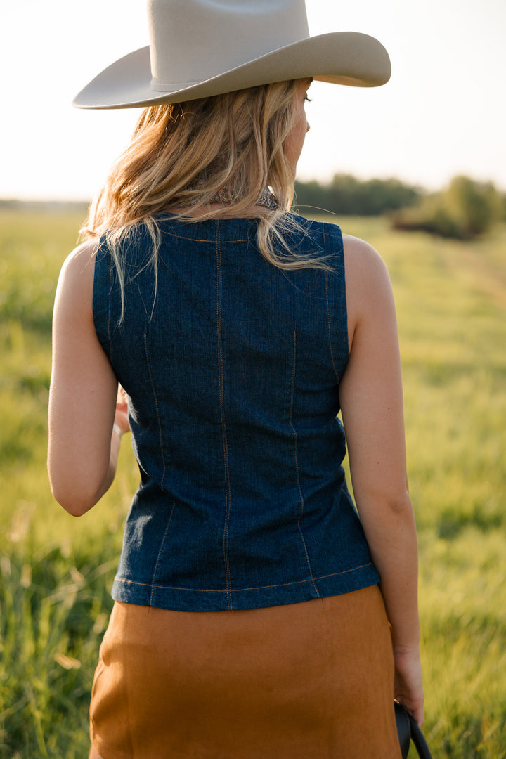 Dark Wash Split Hem Button Front Denim Vest