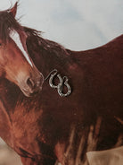 Silver western horseshoe earrings on a brown horse background, boho cowgirl jewelry
