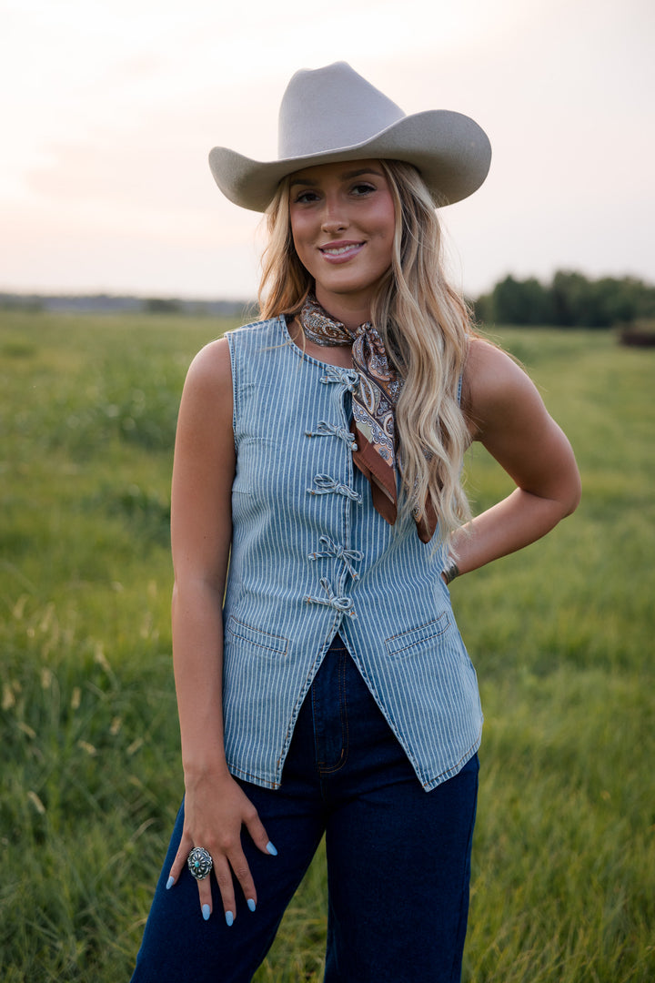 Denim Pinstripe Lace-Up Vest