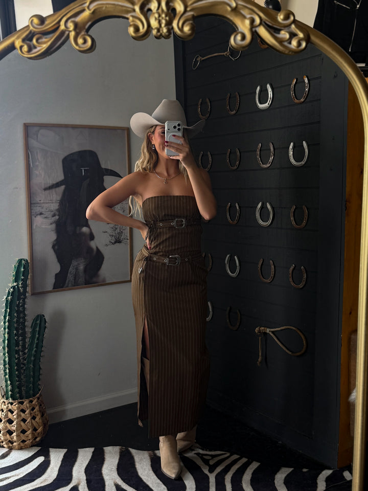 The Outlaw Pinstripe Buckle Maxi Dress PRE ORDER 8/30