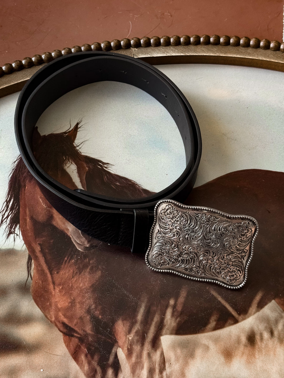 Western Embossed Metal Buckle belt - Black