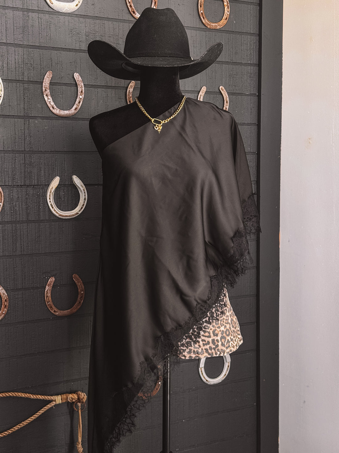 Black Satin Lace Asymmetrical Top