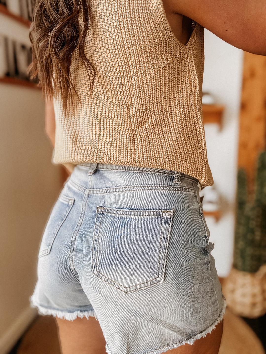 High Rise Distressed Denim Shorts