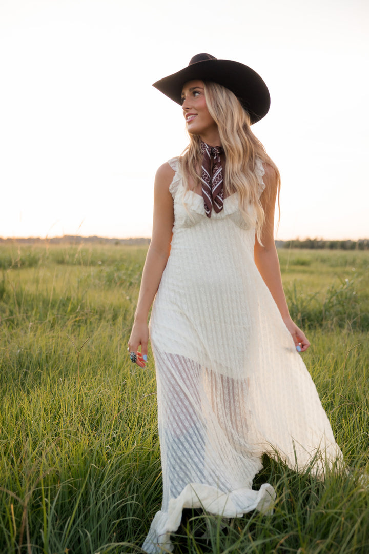 Ivory Lace Ruffle Maxi Dress