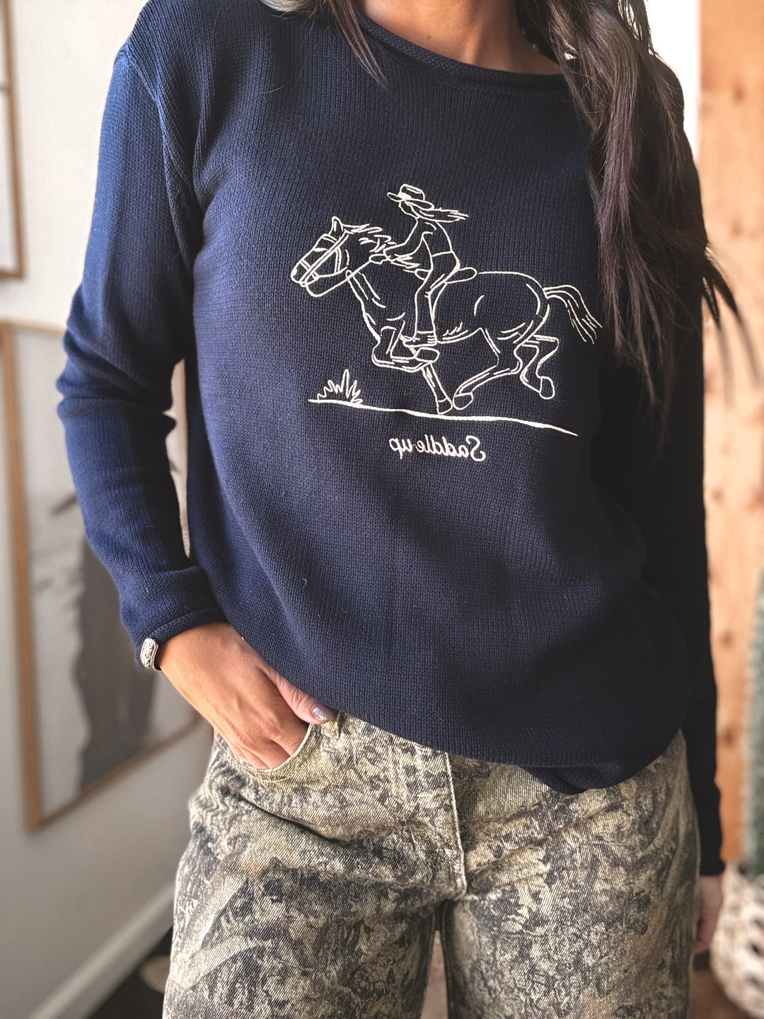 Embroidered Saddle Up Sweater - Navy