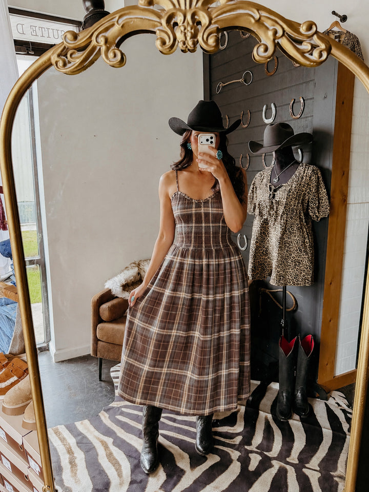 Timber Trail Plaid Smocked Midi Dress 8/15