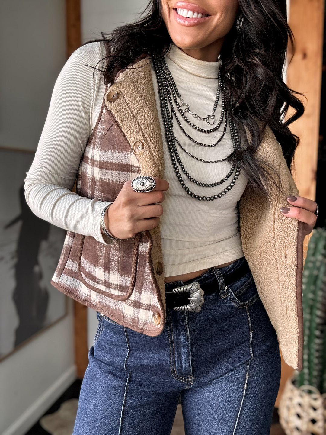 Reversible Plaid & Sherpa Western Vest