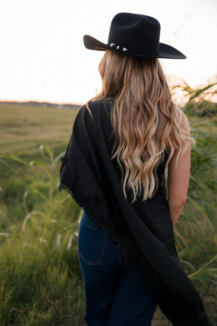 Black Satin Lace Asymmetrical Top