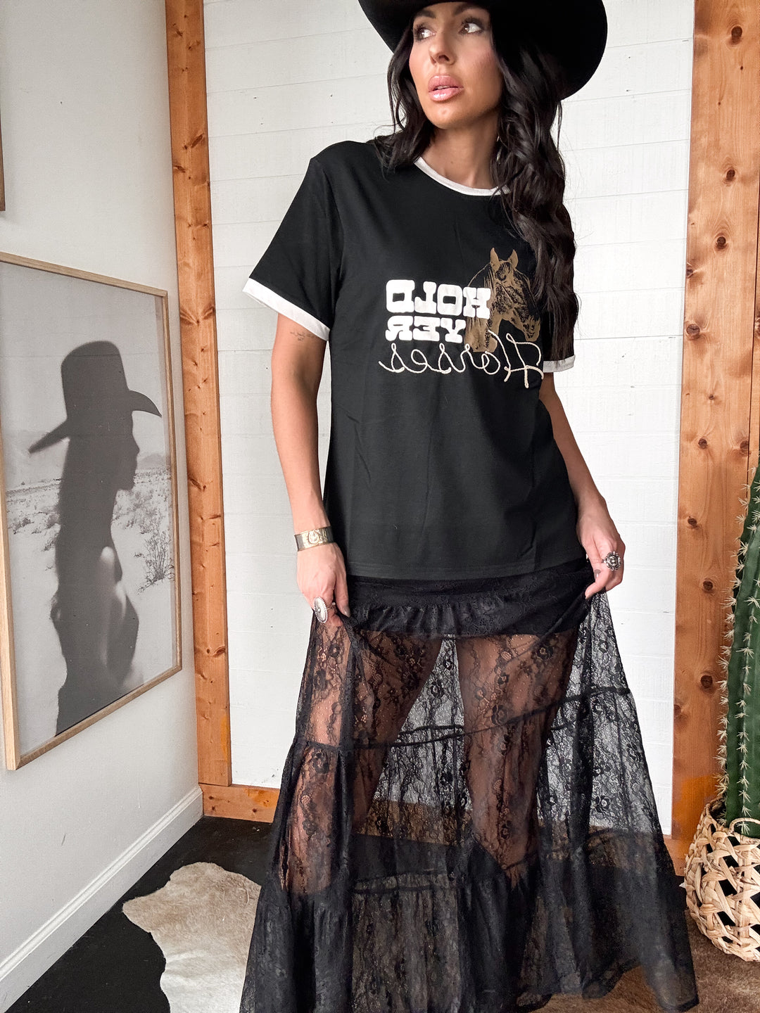 Tiered Floral Lace Maxi Skirt - Black