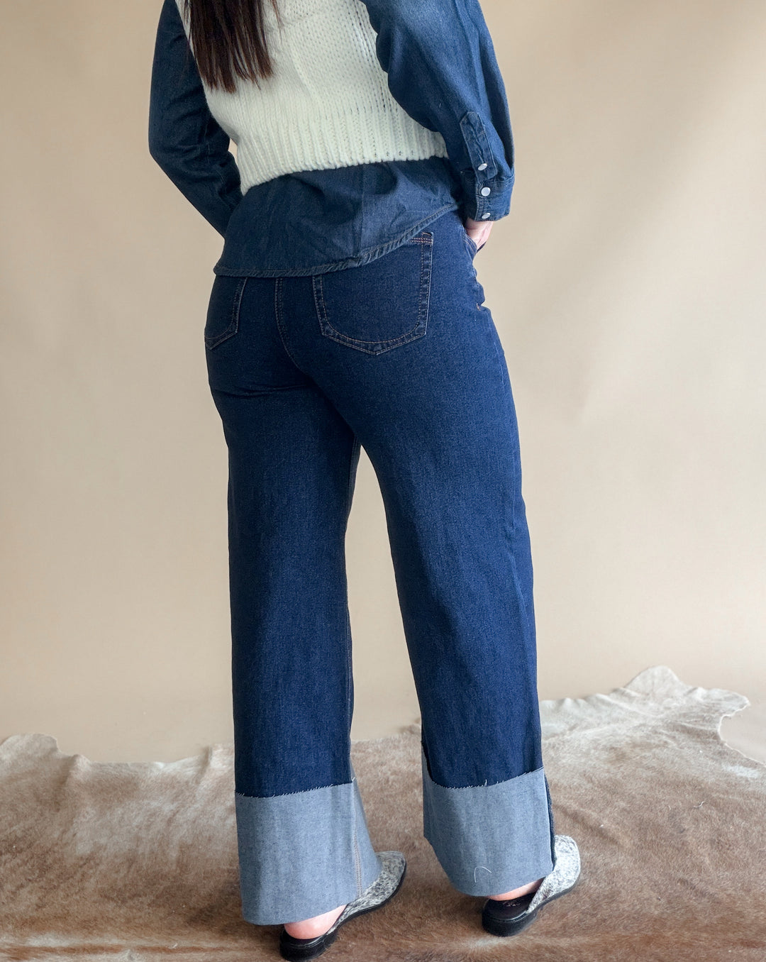 High Rise Wide Leg Cuffed Western Jeans