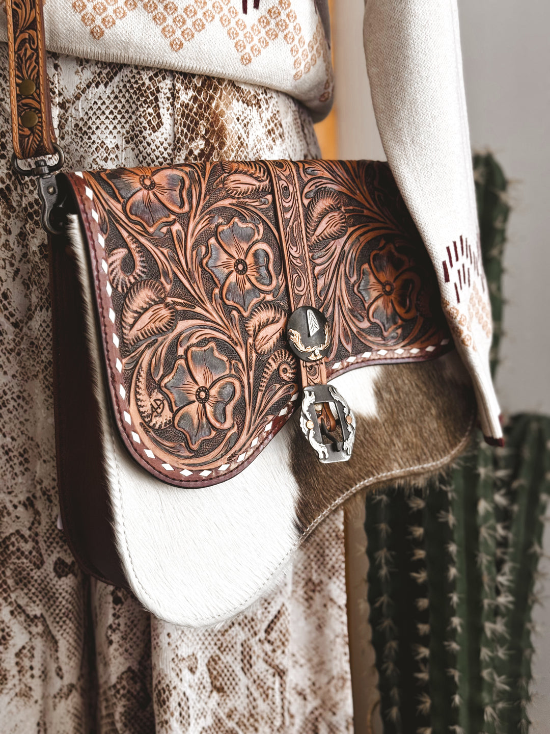 Western Tooled Cowhide Crossbody Bag