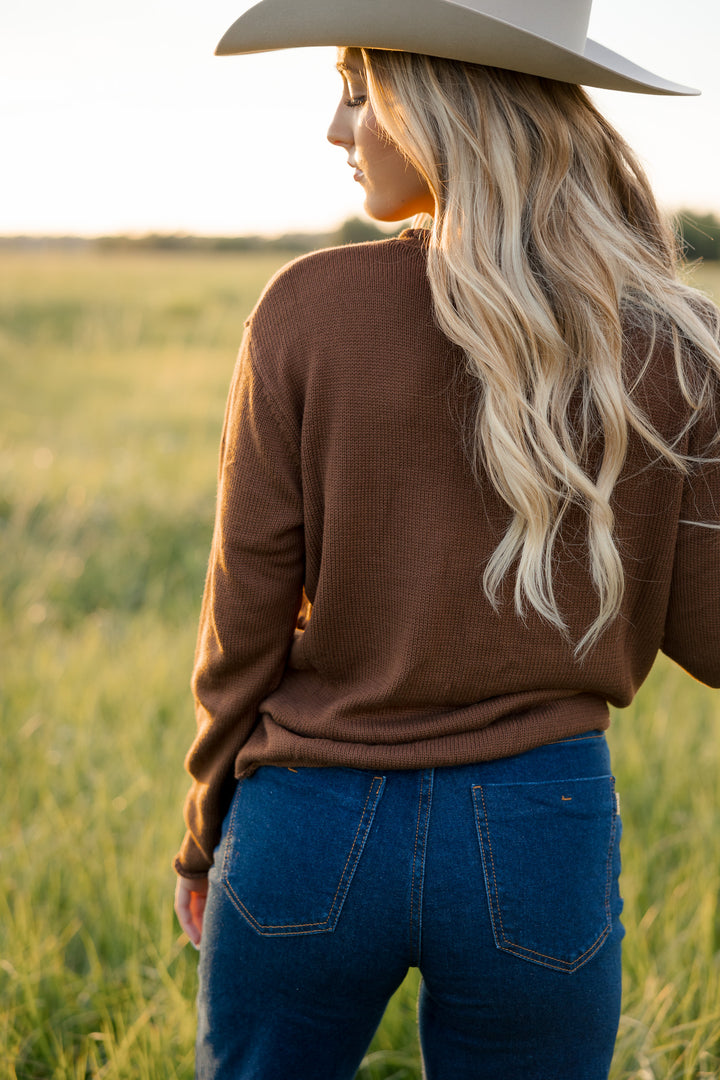 Embroidered Saddle Up Sweater- Brown