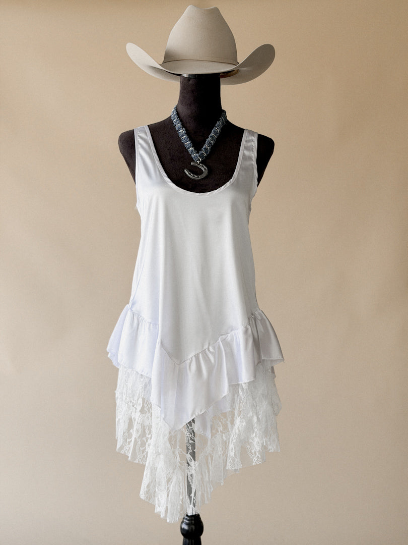 White Lace Asymmetrical Chemise Dress