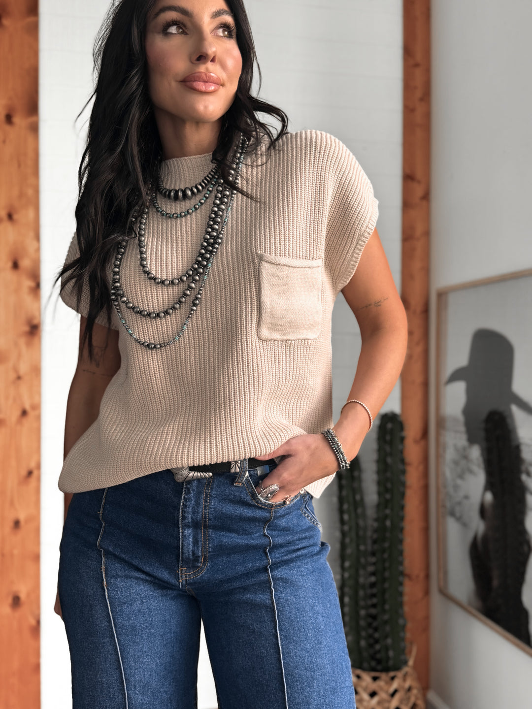 Light Mocha Short Sleeve Knit Pocket Sweater