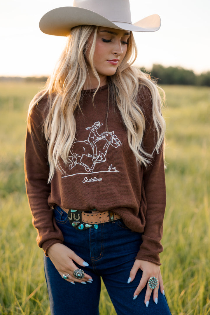 Embroidered Saddle Up Sweater- Brown