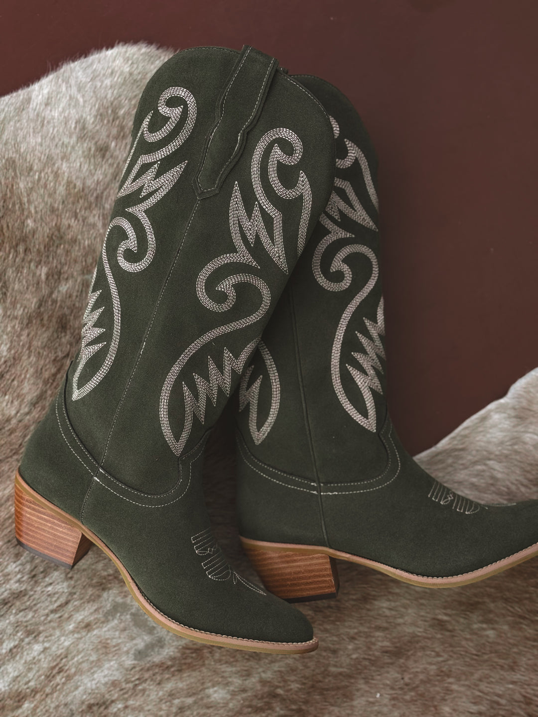 Olive Suede Embroidered Cowgirl Boots