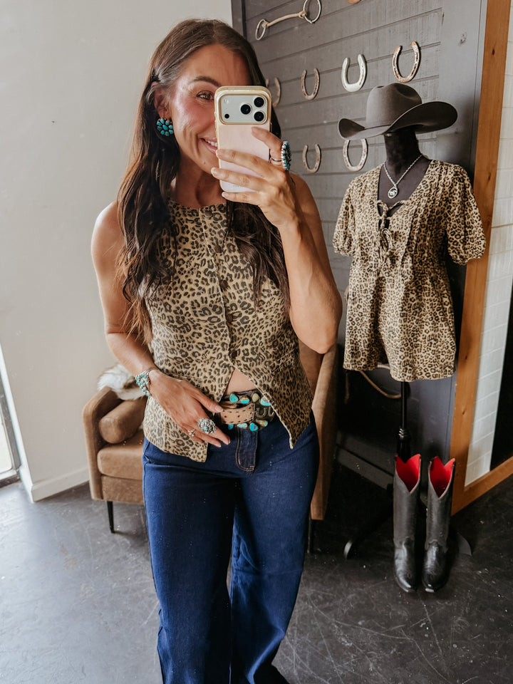Leopard Denim Snap Button Vest