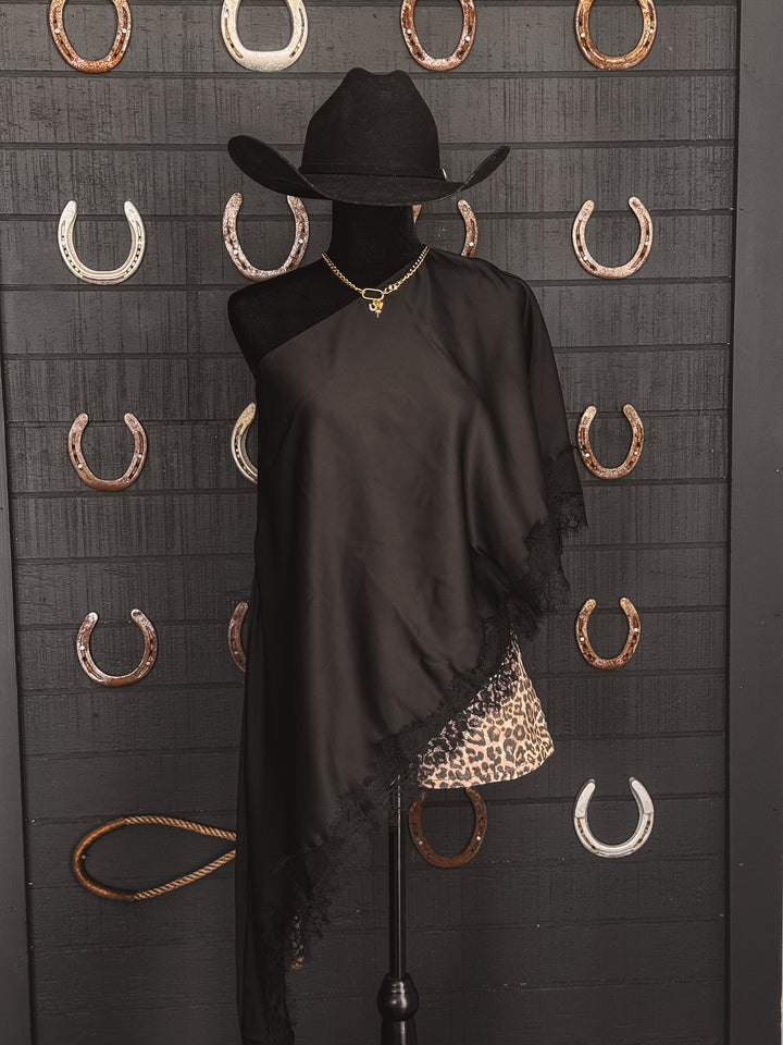 Black Satin Lace Asymmetrical Top
