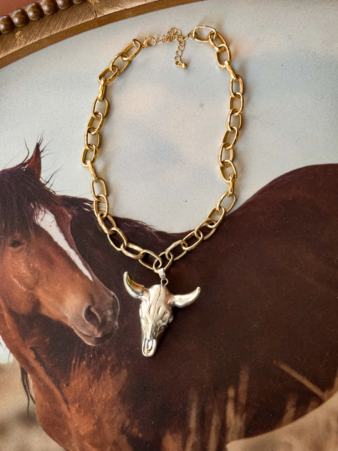 Silver Steer Head Gold Chain Necklace