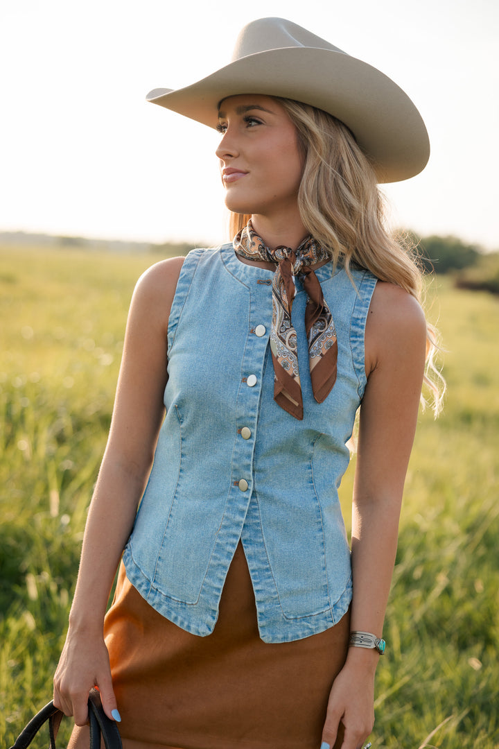 Light Wash Split Hem Button Front Denim Vest
