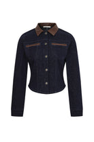 Dark denim western jacket with brown leather collar and trim, button front, long sleeves
