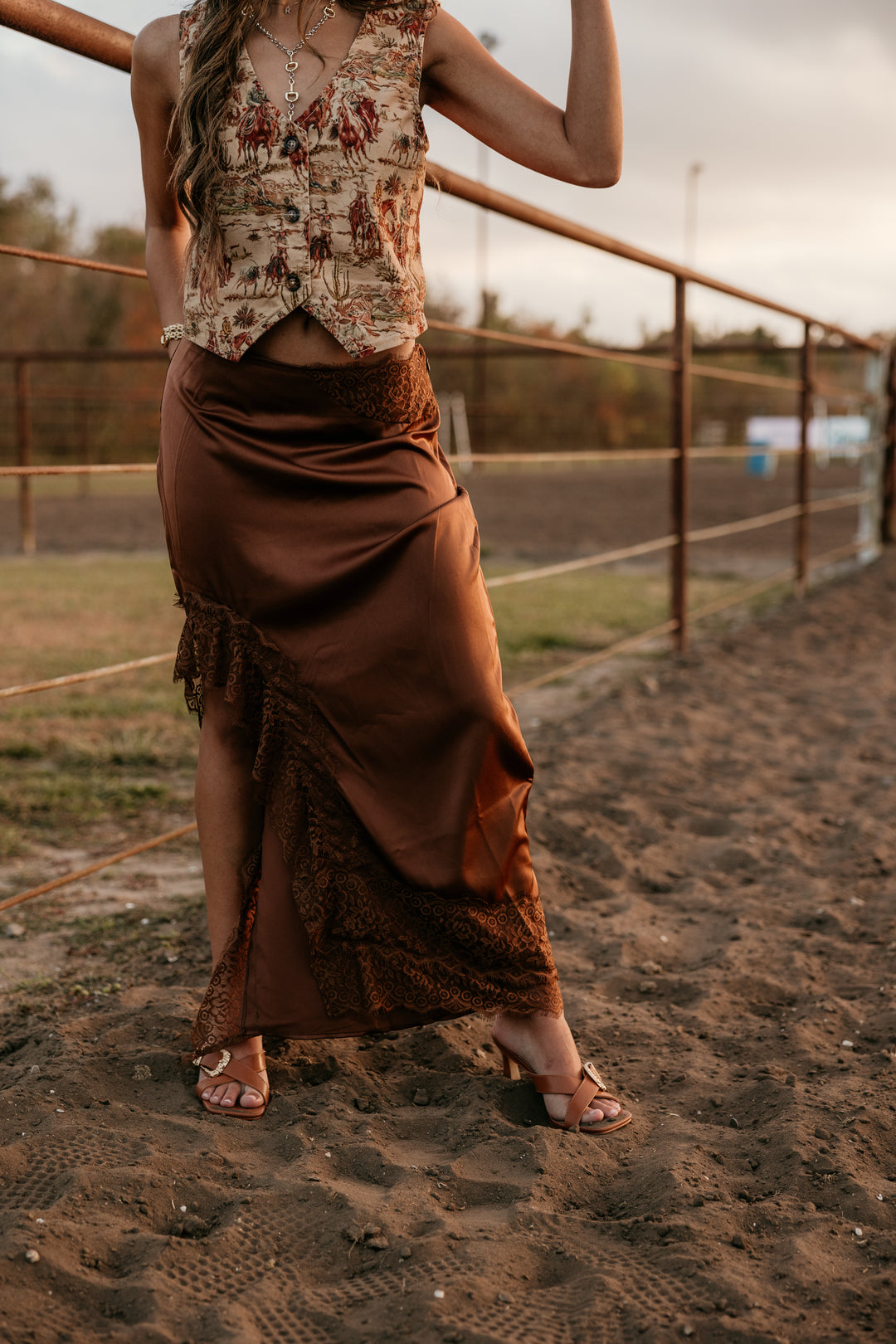 Satin and Lace Maxi Skirt | Brown