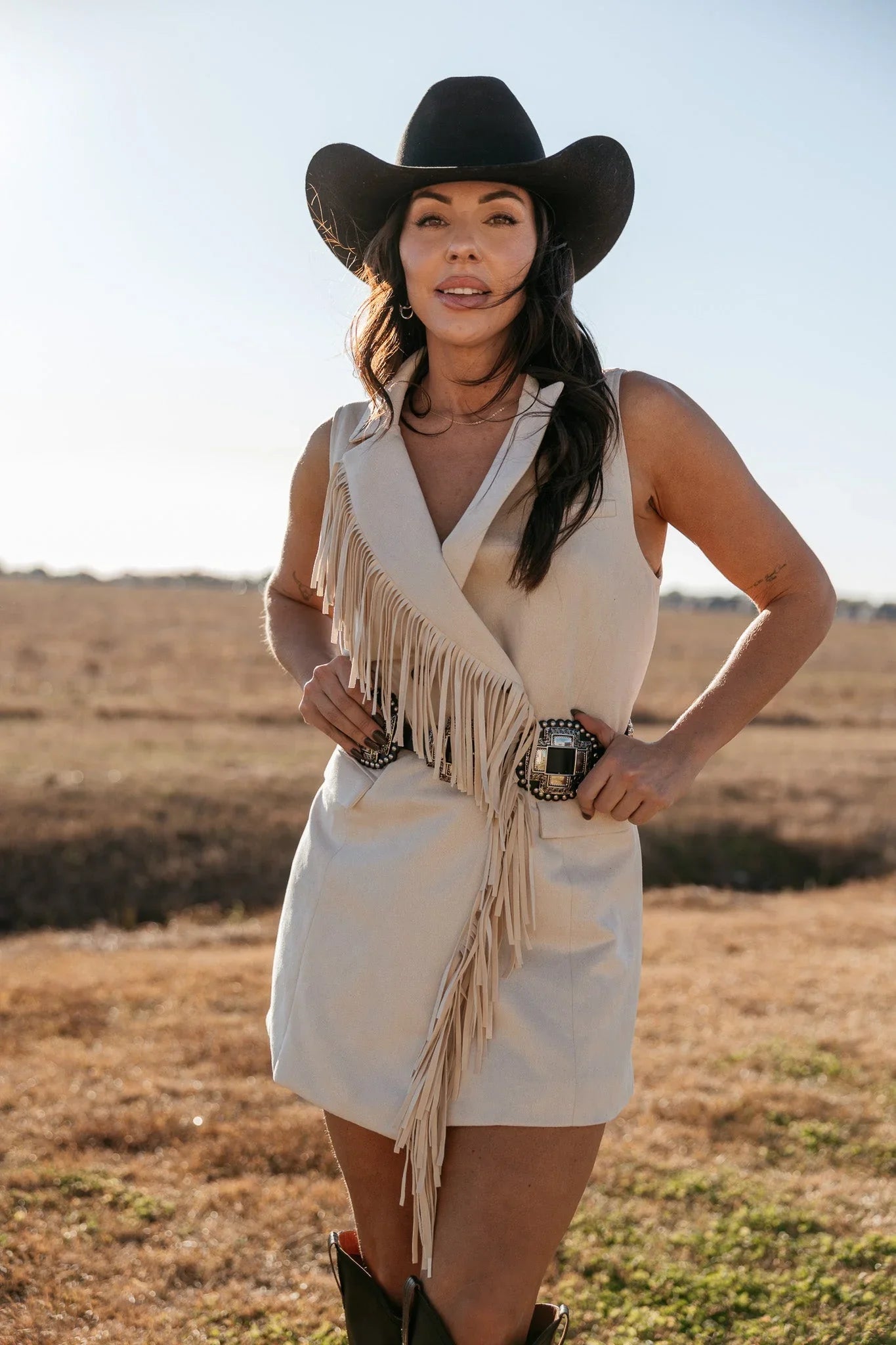 Double Fringe Suede Dress- Ivory S Double Fringe Suede Dress- Ivory S
