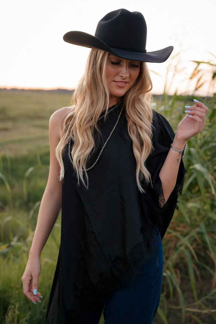 Black Satin Lace Asymmetrical Top
