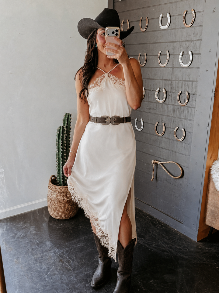 Ivory Lace Trim Satin Asymmetrical Midi Dress PRE ORDER 9/15