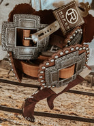 Western leather belt with large engraved silver buckle, western fashion accessory, rustic style