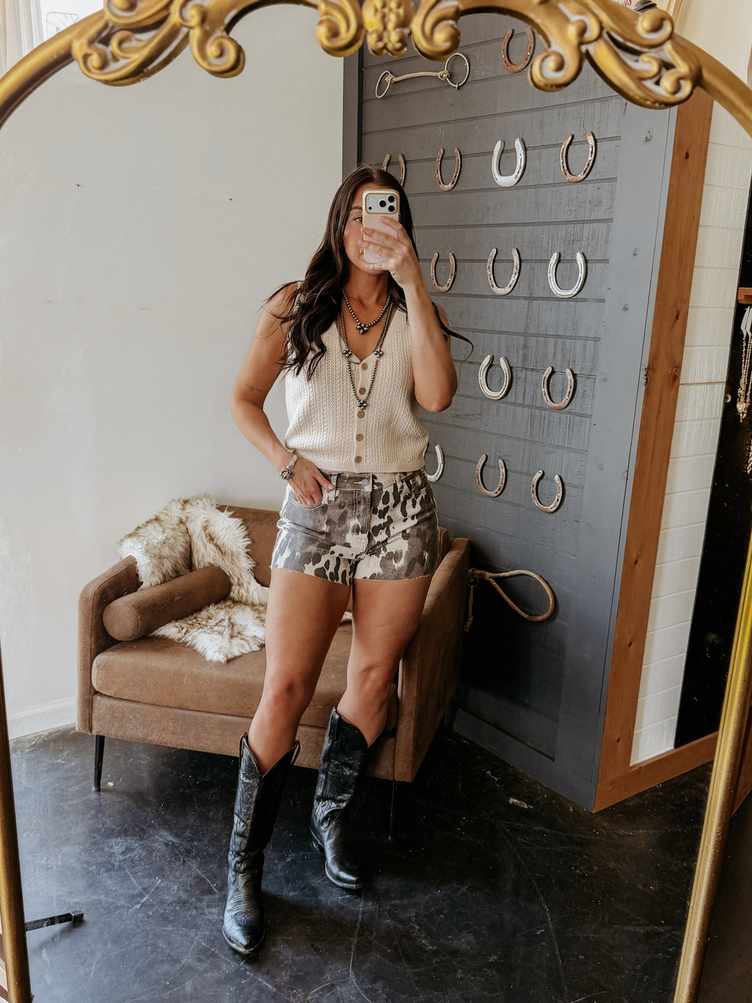 Cow Print High Rise Denim Shorts