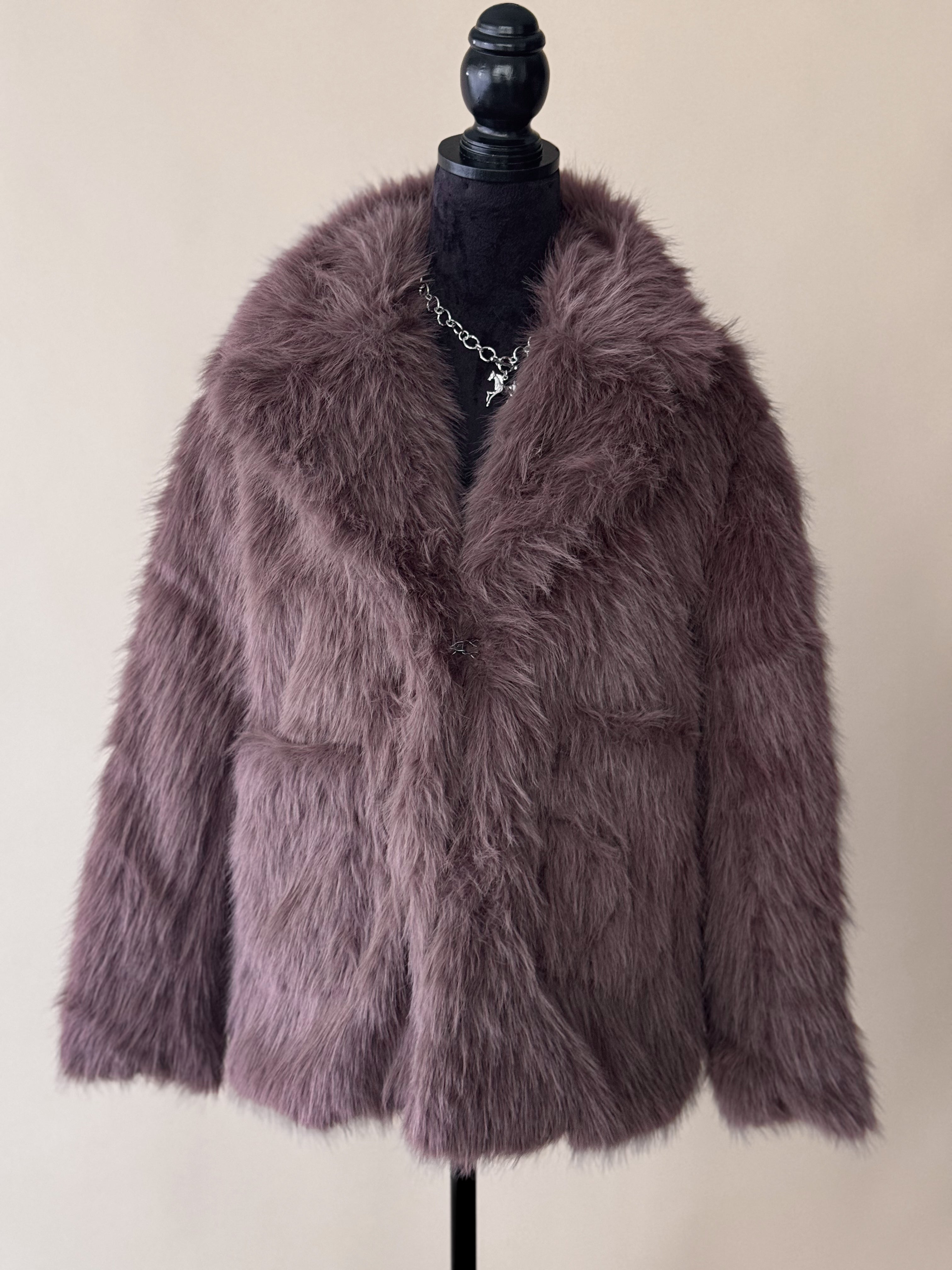 Plum faux fur western jacket with wide collar on mannequin, cozy boho outerwear