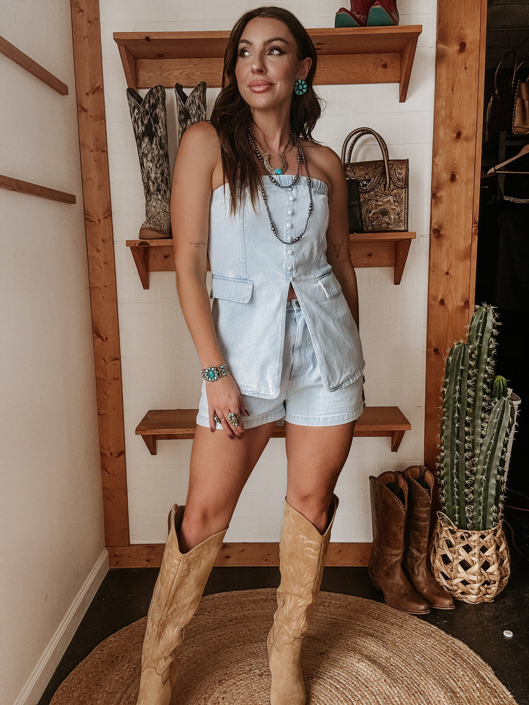 Light Wash Strapless Denim Tunic & Short Set