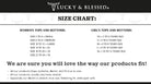 Size chart for Lucky & Blessed products with age and size guidelines.