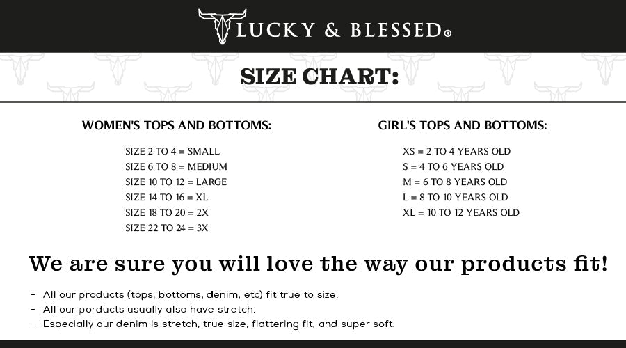 Size chart for Lucky & Blessed products with age and size guidelines.