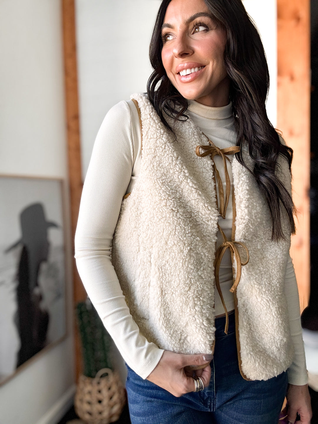 Cream Fleece Tie-Front Vest