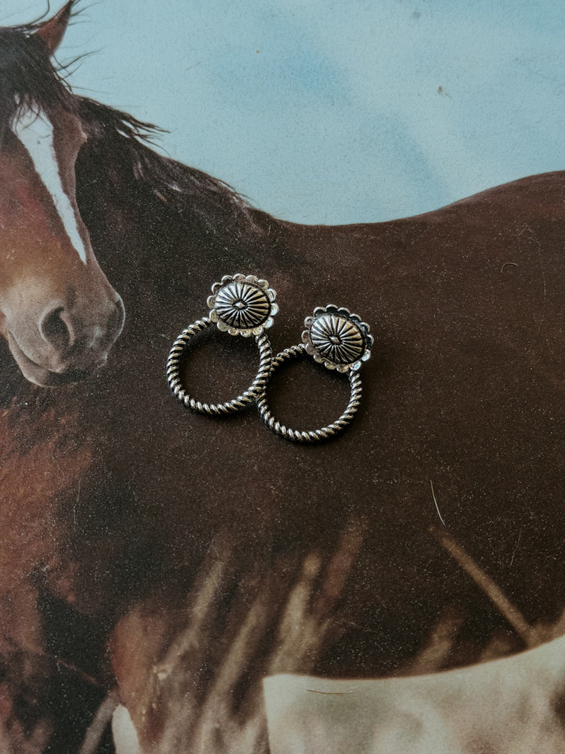 Western concho stud earrings with twisted rope design on horse print background