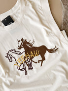 Western graphic tank top with two horses and 'YEEHAW' text, cowgirl rodeo style