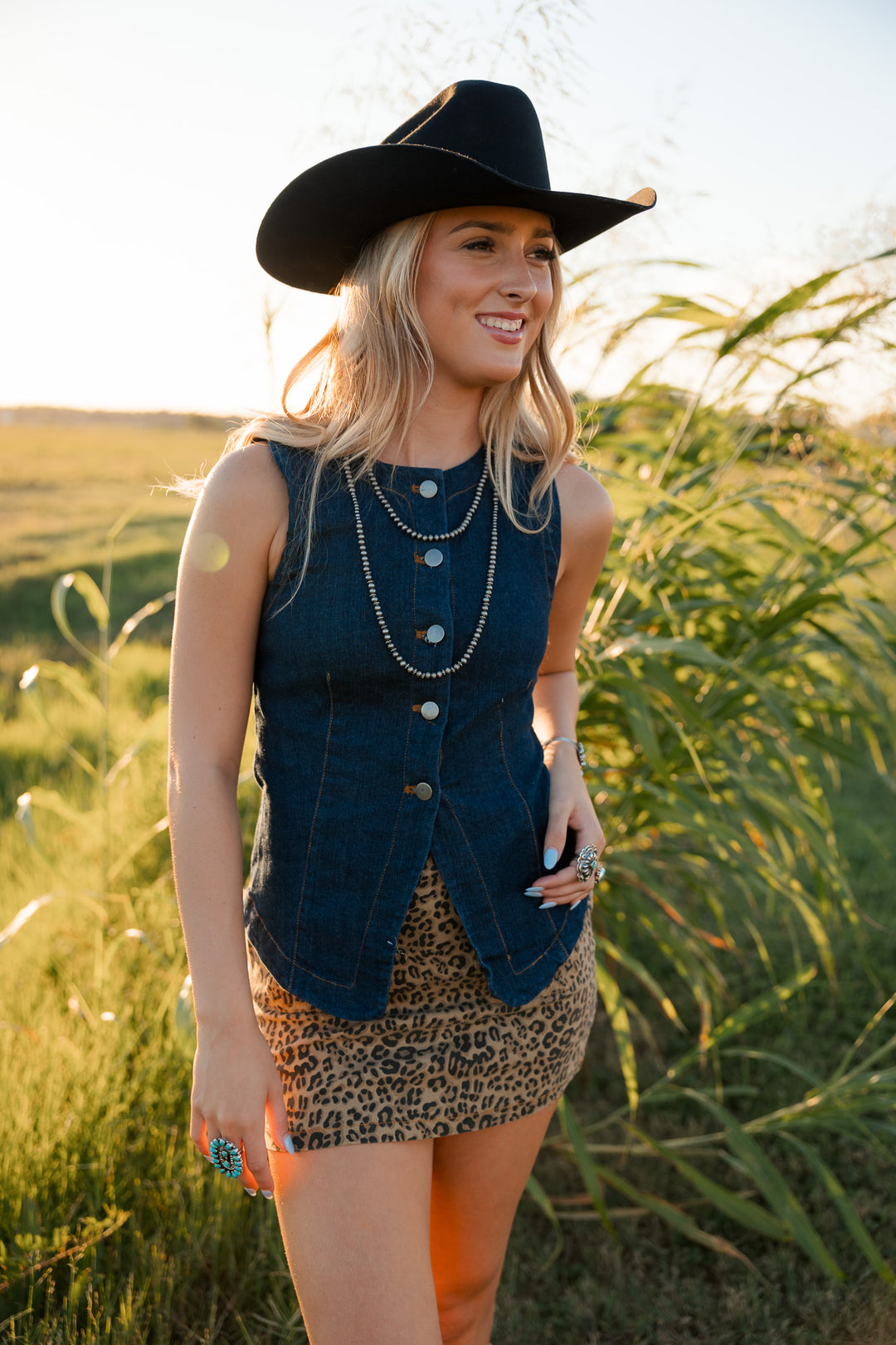 Dark Wash Split Hem Button Front Denim Vest