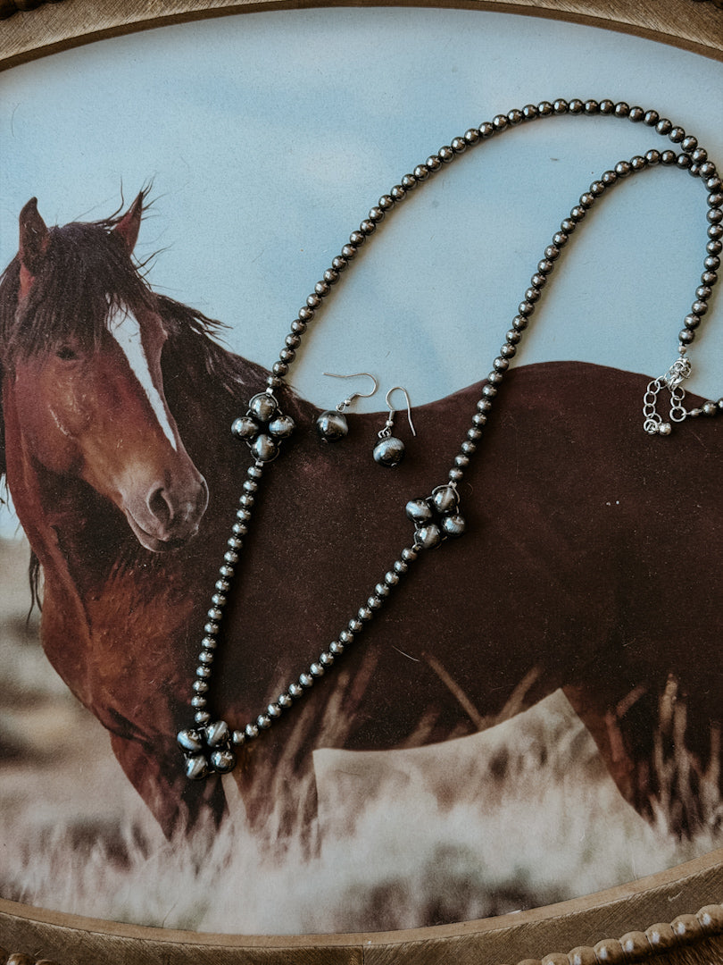 Western beaded necklace and earrings displayed on a horse photo, boho jewelry set