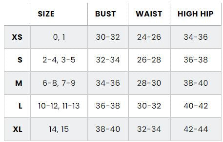 Women's western size chart showing sizes XS to XL with bust, waist, and high hip measurements.