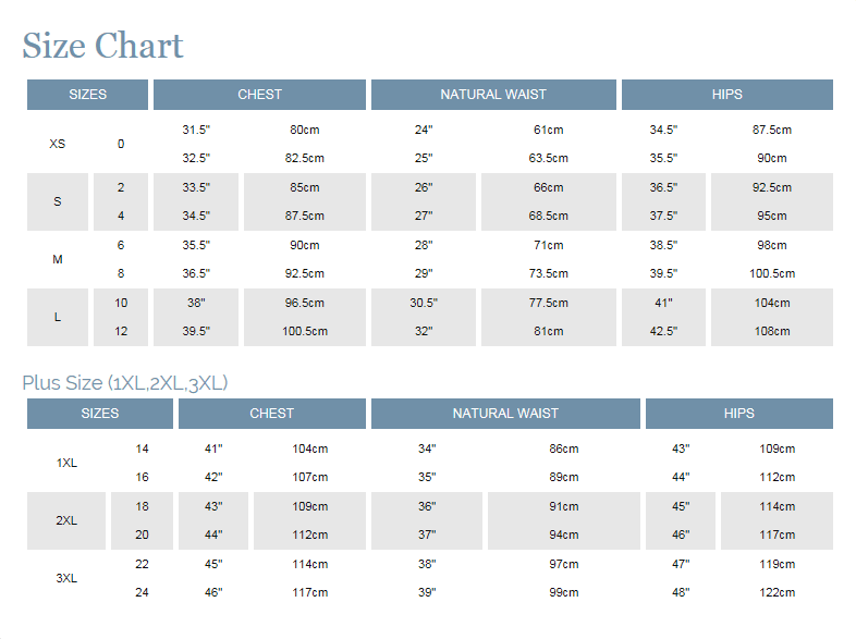 Size chart for clothing measurements including chest, natural waist, and hips.