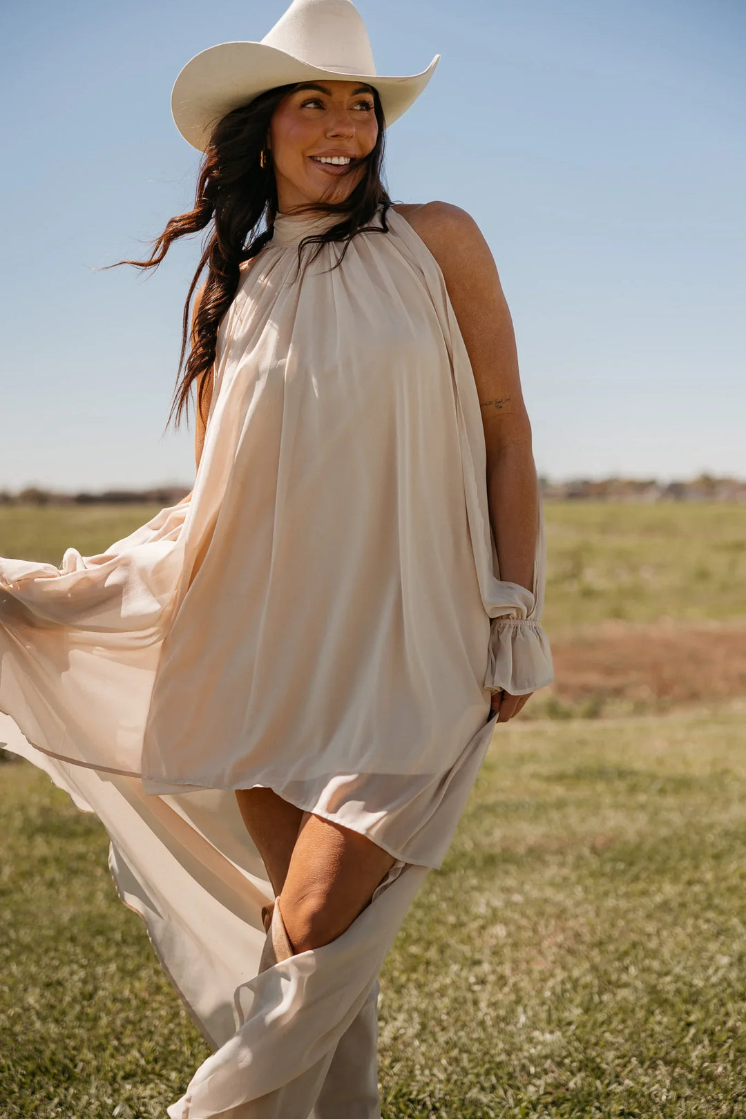 Champagne High-Low Halter Dress *PRE ORDER June 6th*