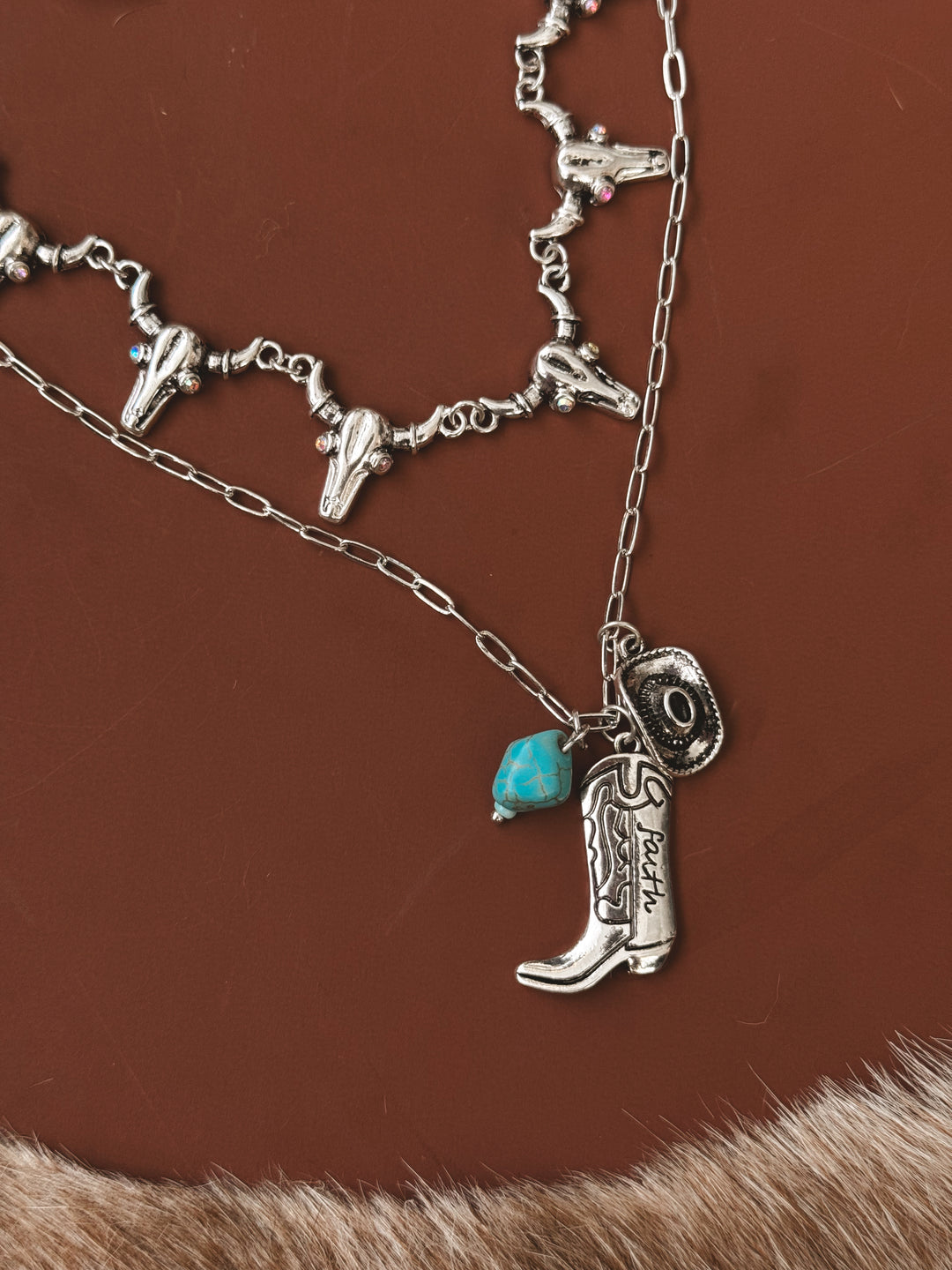 Western Steer Skull & Boot Charm Necklace Set