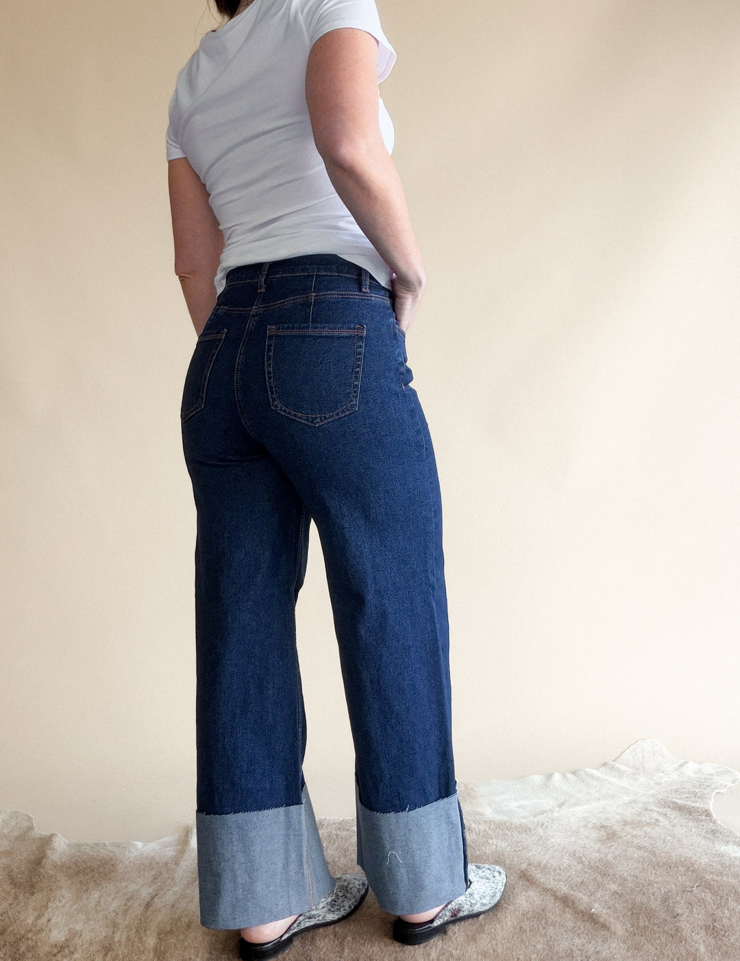 High Rise Wide Leg Cuffed Western Jeans