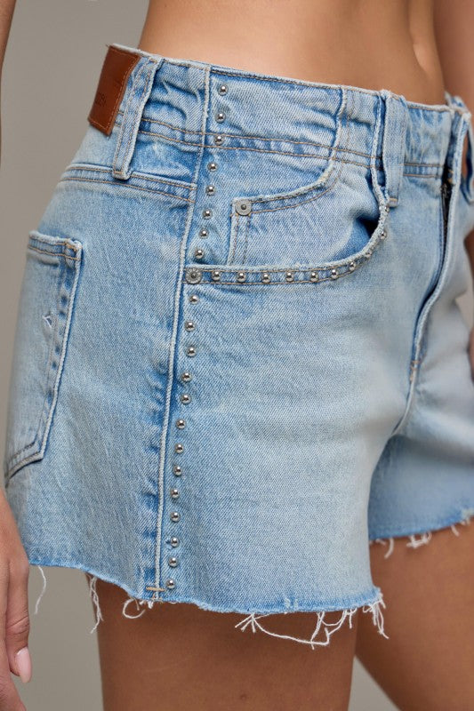 Light Wash Studded High Rise A-Line Shorts