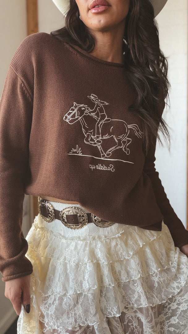 Embroidered Saddle Up Sweater - Brown