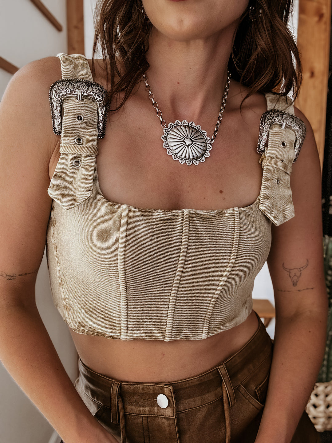 Western Buckle Strap Denim Corset Top